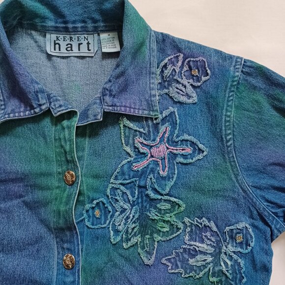 Keren Hart Denim Jacket Blazer Tie dye Airbrush Beaded Applique Relaxed Size M - Picture 4 of 8